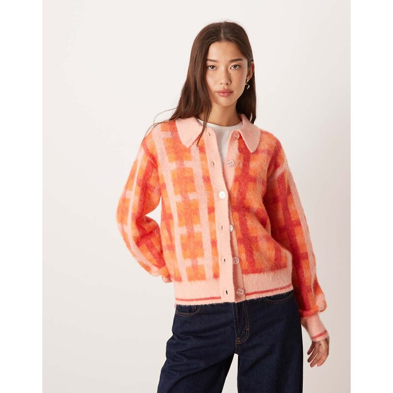 JDY polo neck cardigan in orange check print 112321906