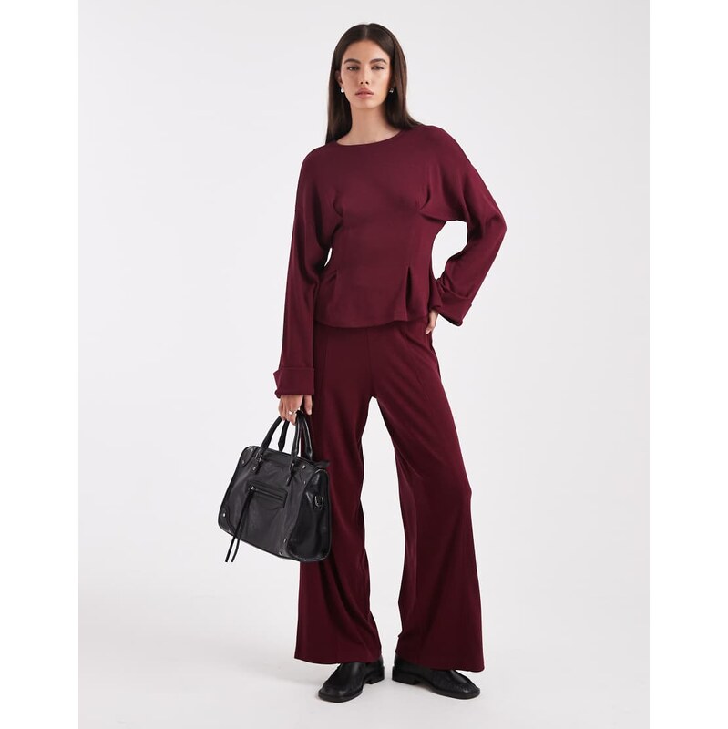 ASOS DESIGN fine knitted wide leg trouser in dark cherry-Red