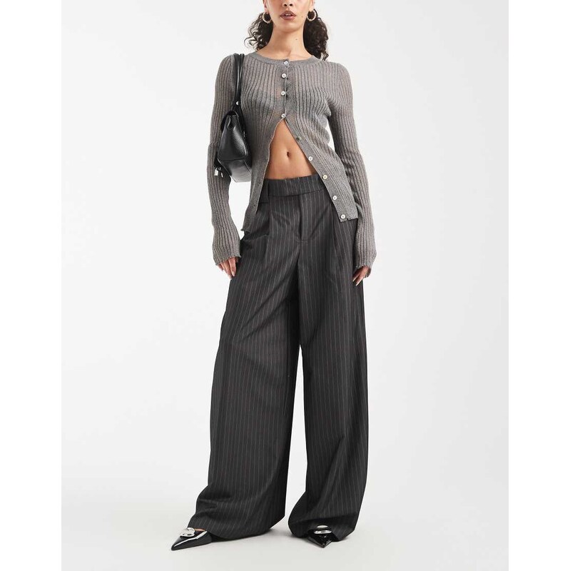 ONLY wide leg tailored trousers in dark grey pinstripes 112321913
