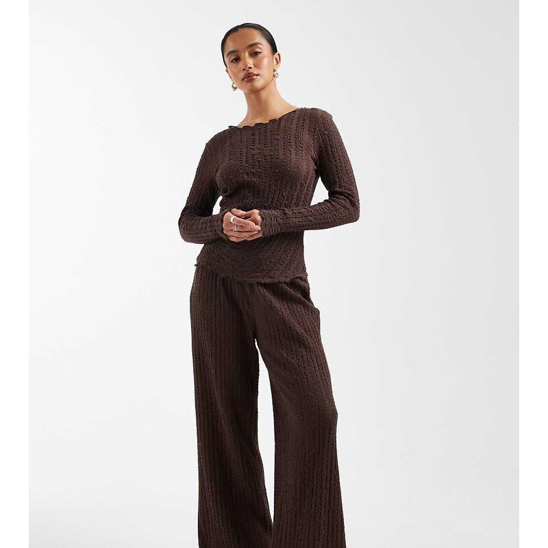 ONLY Petite wide leg textured trouser co-ord in chocolate-Brown 112321915
