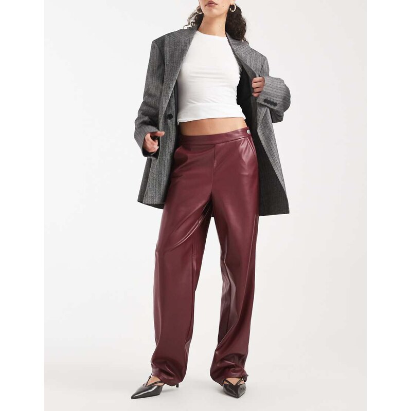 ONLY high waist faux leather straight trousers in burgundy-Red