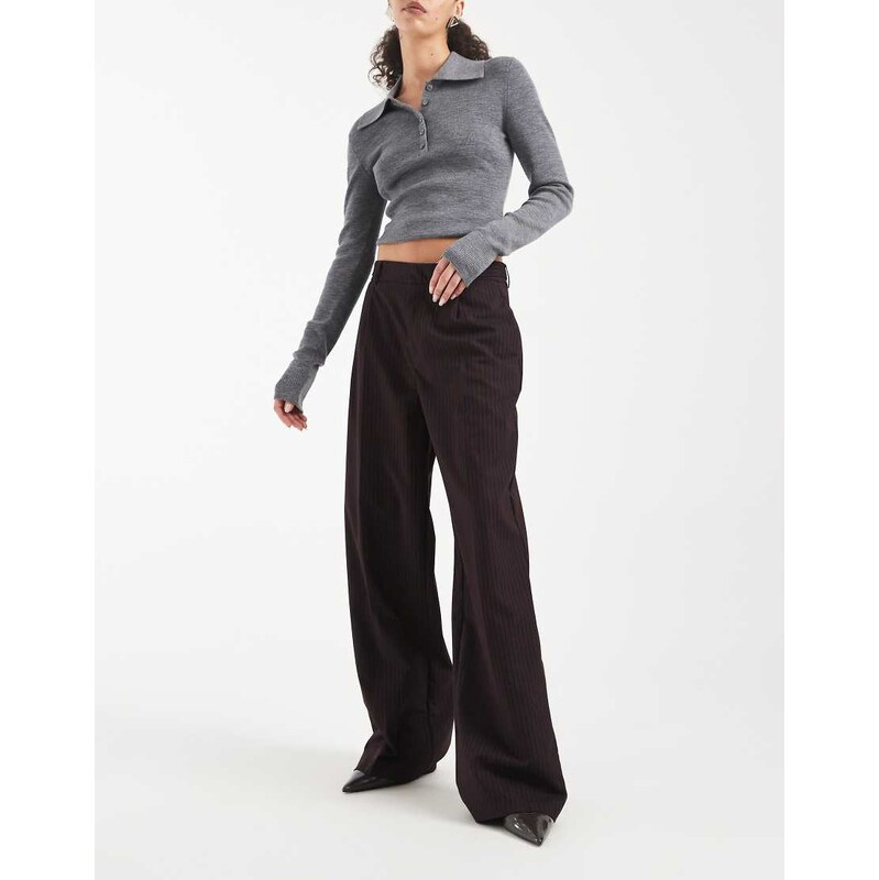 ONLY high waist wide leg tailored trousers in brown pinstripes 112321918