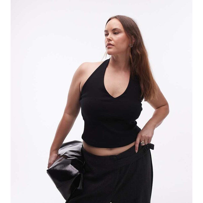 ASOS Curve ASOS DESIGN Curve compact cotton halterneck top in black 112334158