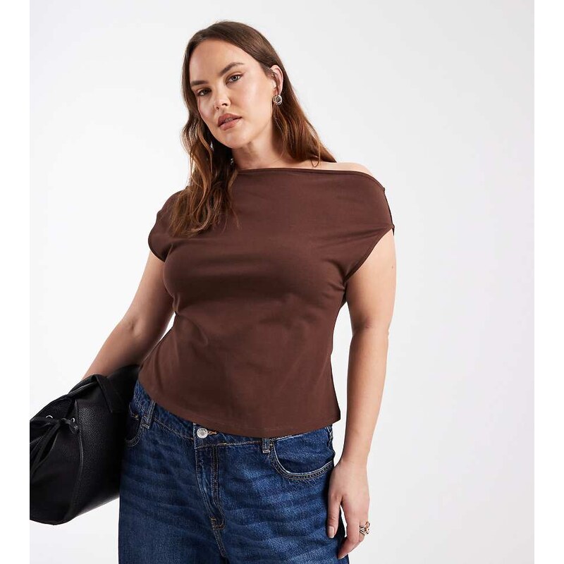 ASOS Curve ASOS DESIGN Curve cotton off shoulder top in chocolate 112328794