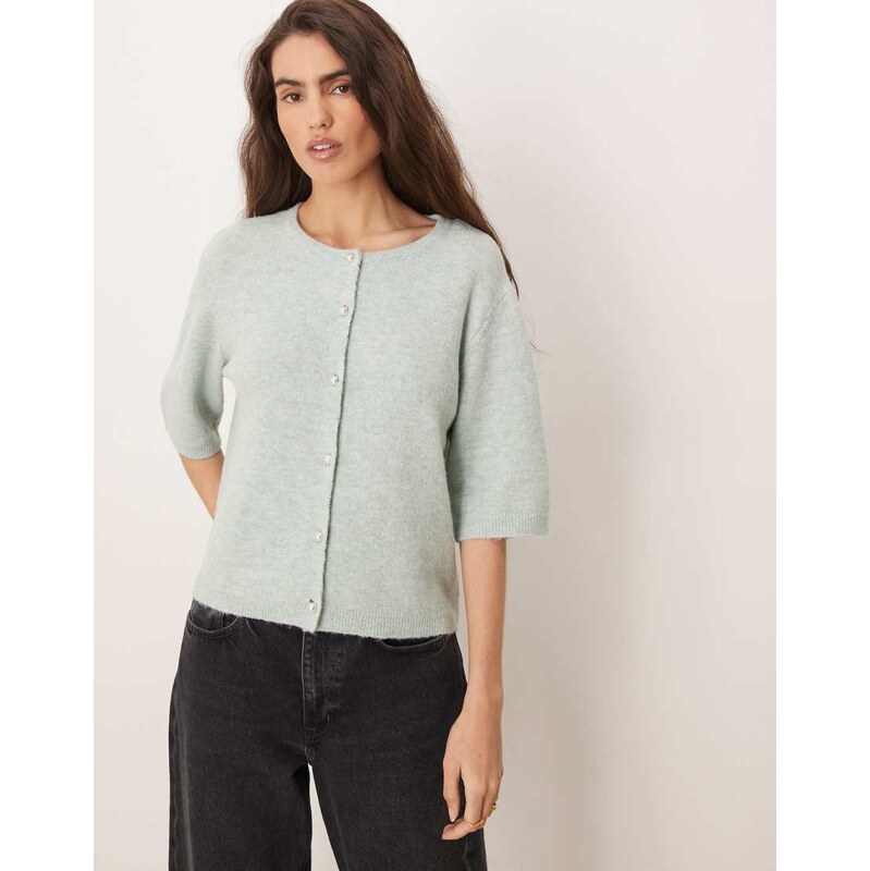 JDY pearl buttons short sleeve knitted cardigan in sage green 112795266