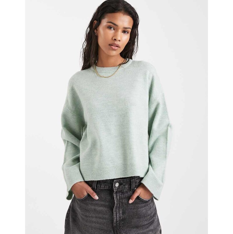 ONLY round neck boxy jumper in light green-White