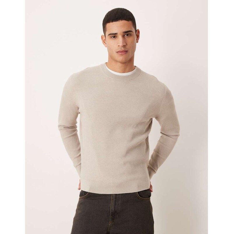 Mango cotton mix crew neck jumper in beige-Neutral