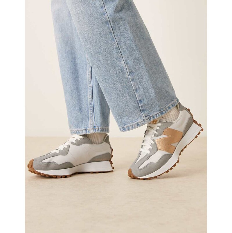 New Balance 327 trainers in off white and gold metallic