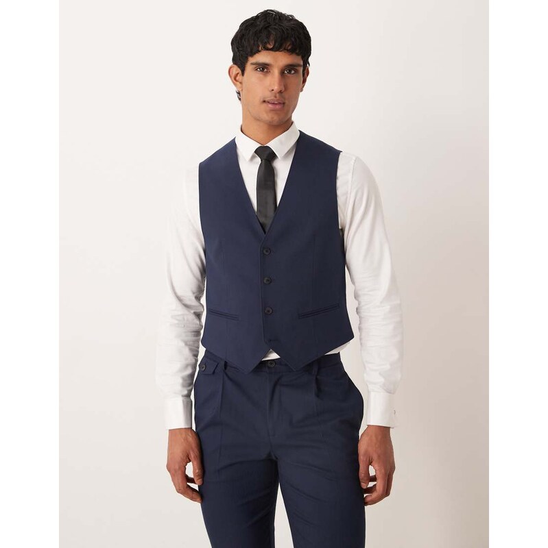 ASOS DESIGN skinny suit waistcoat in navy herringbone flannel
