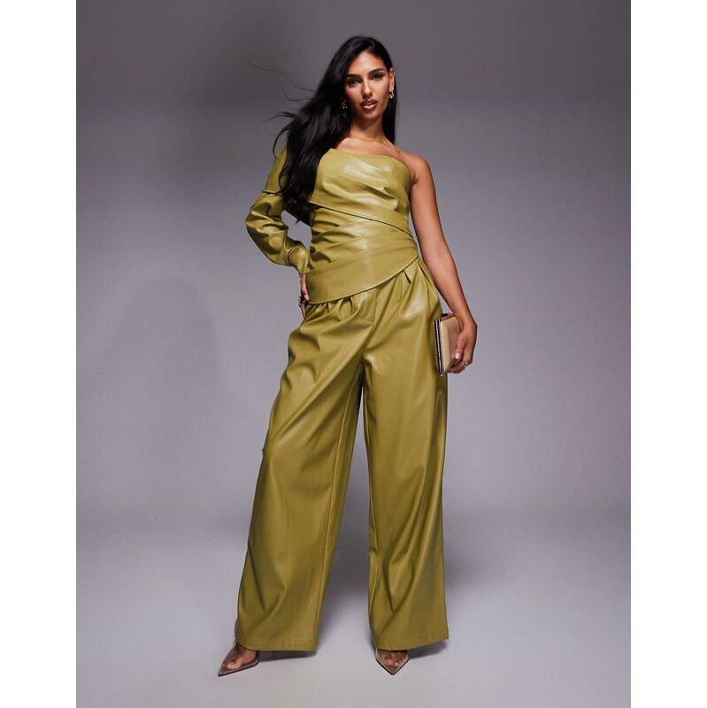 ASOS LUXE co-ord PU wide leg pleated trouser in olive green 112334149