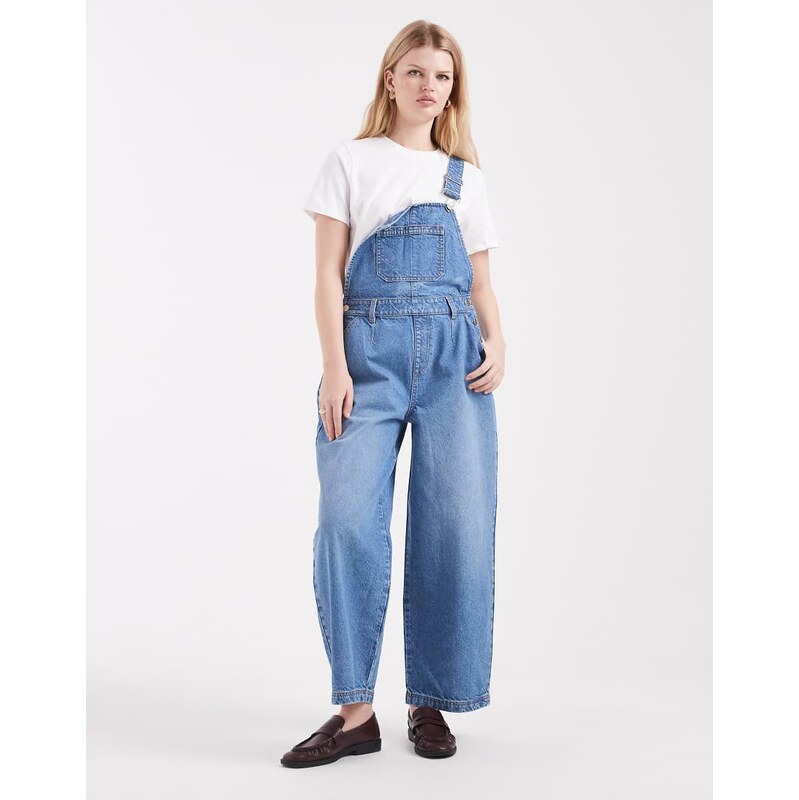 Miss Selfridge barrel leg dungaree in mid wash-Blue