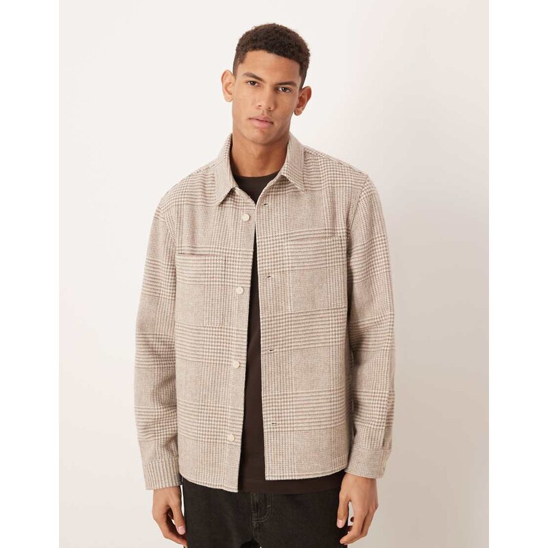 Mango wool mix shacket in beige check-Neutral