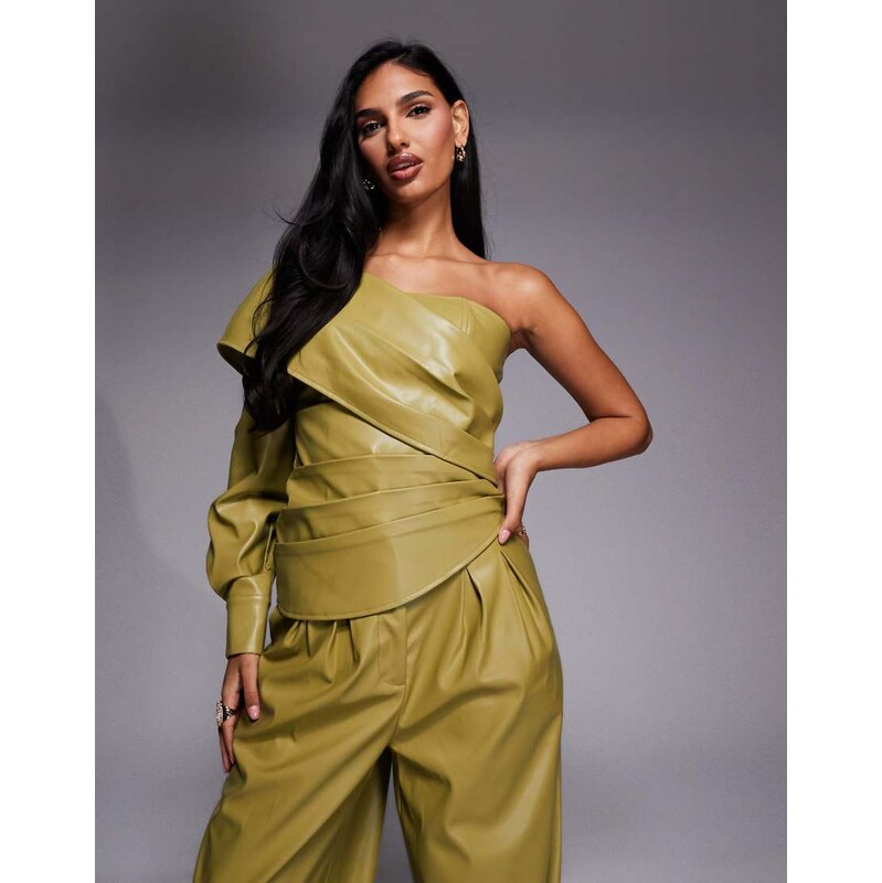 ASOS LUXE PU co-ord one shoulder pleated top in olive green