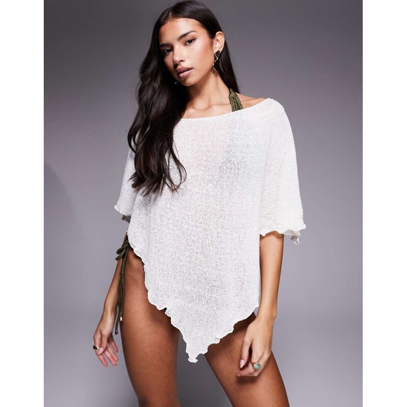 ASOS DESIGN beach knitted poncho in cream-White