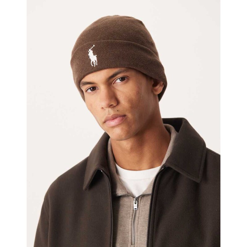 Polo Ralph Lauren icon logo cotton knit beanie in brown marl and cream 112341457