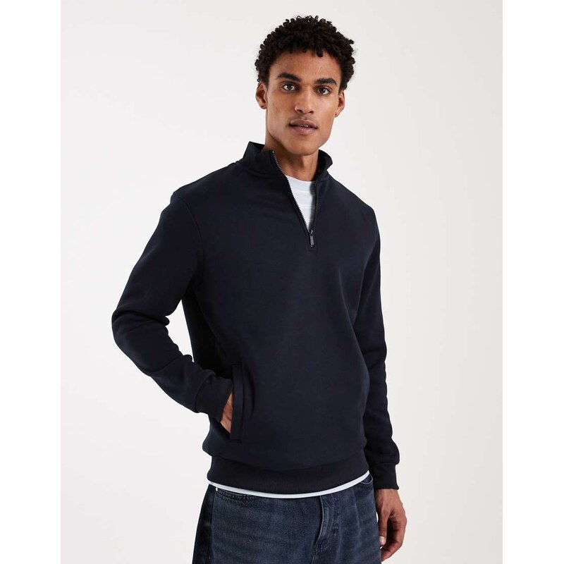 Brave Soul quarter zip funnel neck sweatshirt in navy