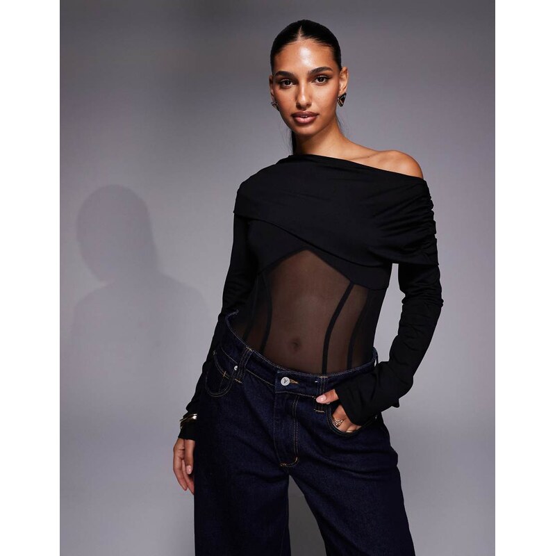 ASOS DESIGN long sleeve wrap over corset bodysuit in black