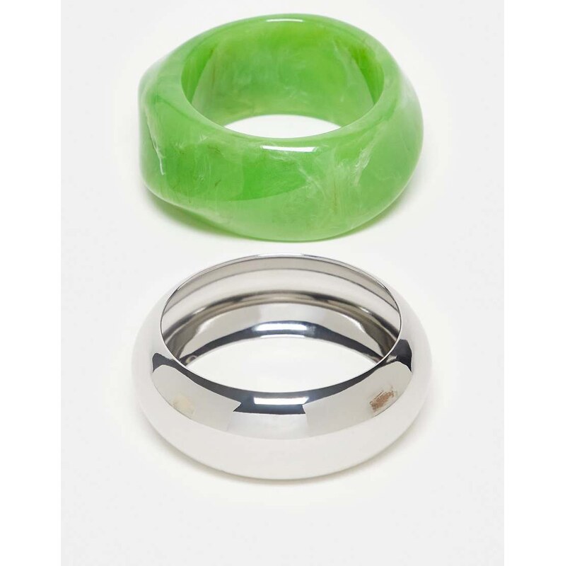 ASOS DESIGN pack of 2 bangles in chunky green resin and silver tone 112341531