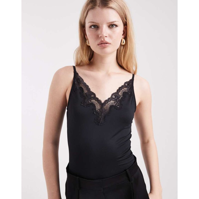 Pieces lace trim bodysuit in black 112341538