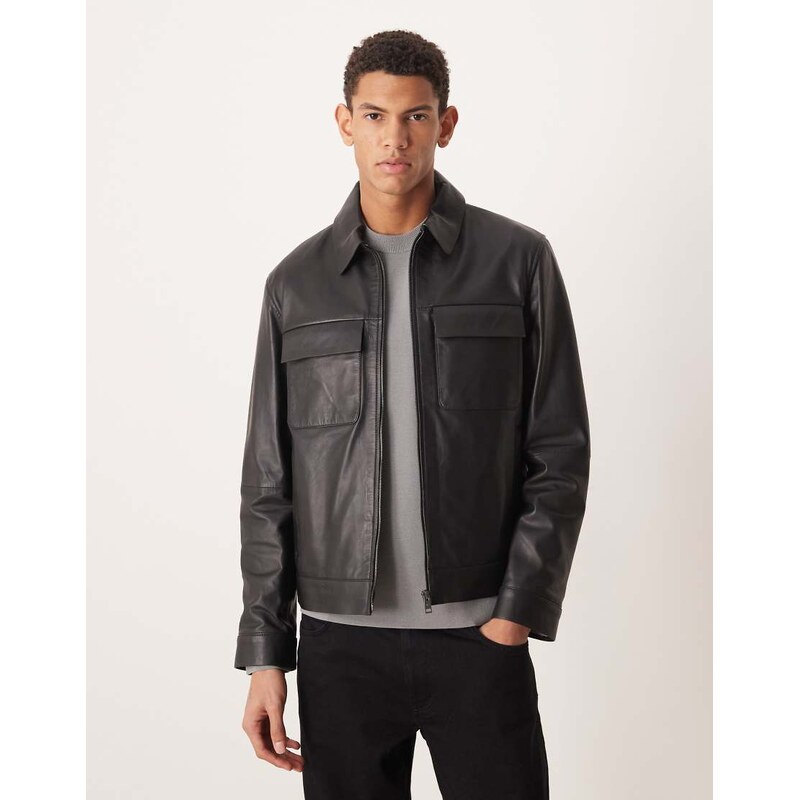Mango pocket detail leather jacket in black