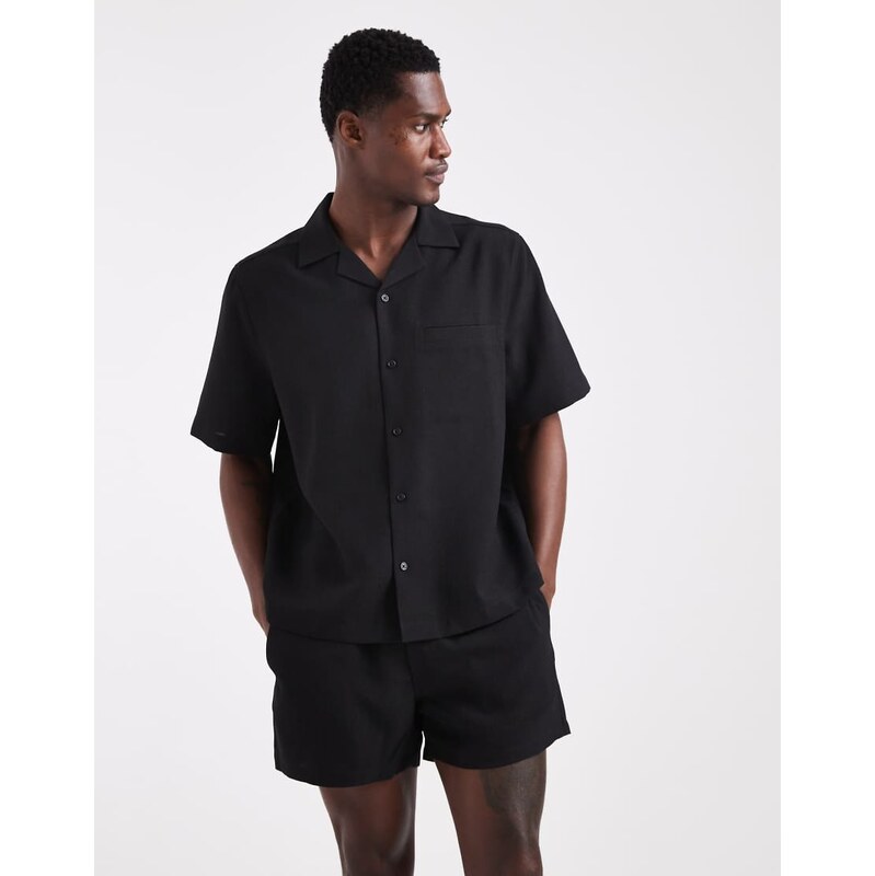 ASOS DESIGN co-ord linen look relaxed revere shirt in black