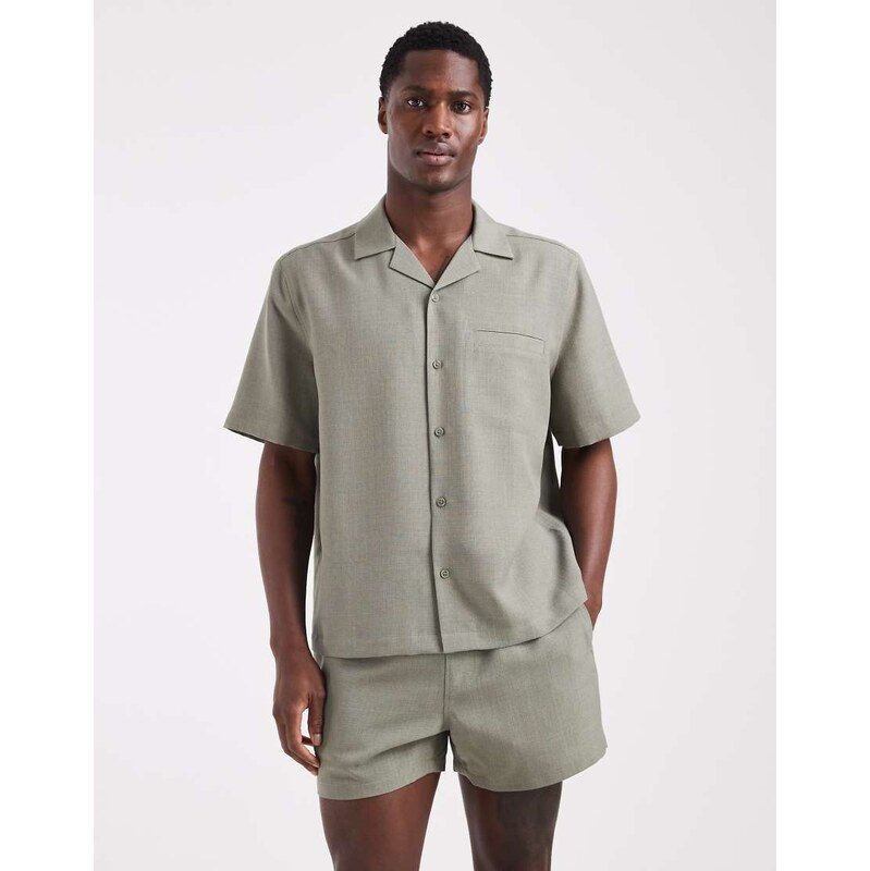 ASOS DESIGN co-ord linen look relaxed revere shirt in khaki