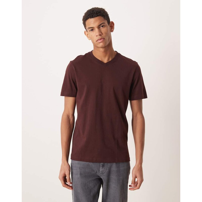 Mango relaxed fit v-neck t-shirt in burgundy-Red