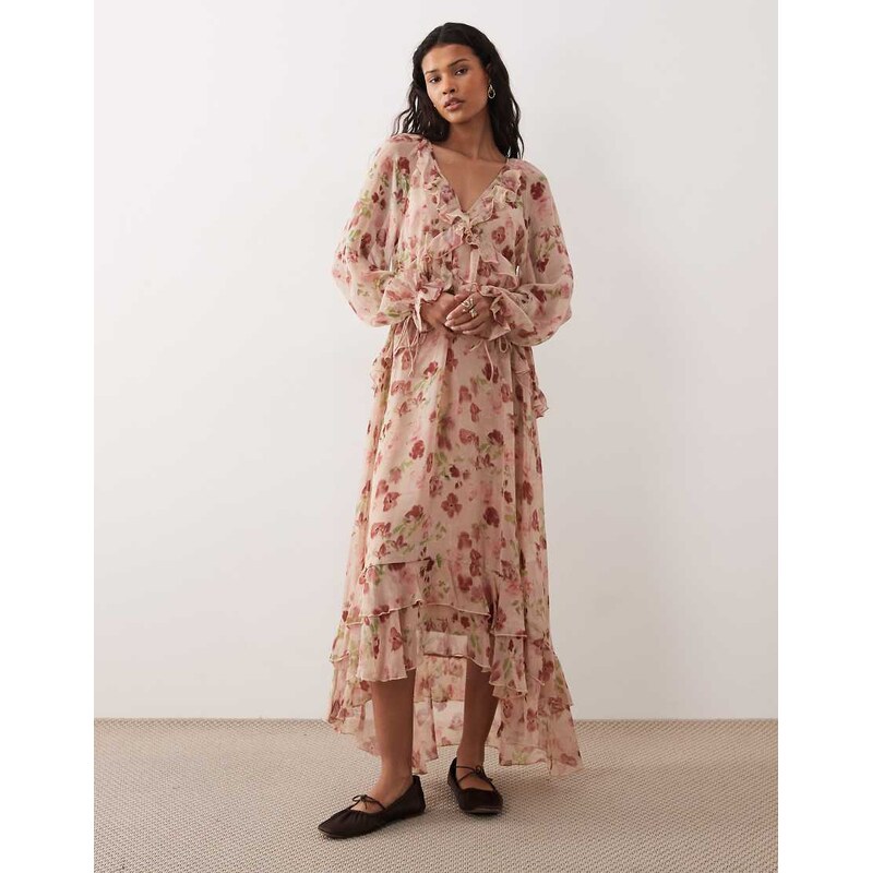 Kiss The Sky long sleeve floaty tiered midaxi dress in pink