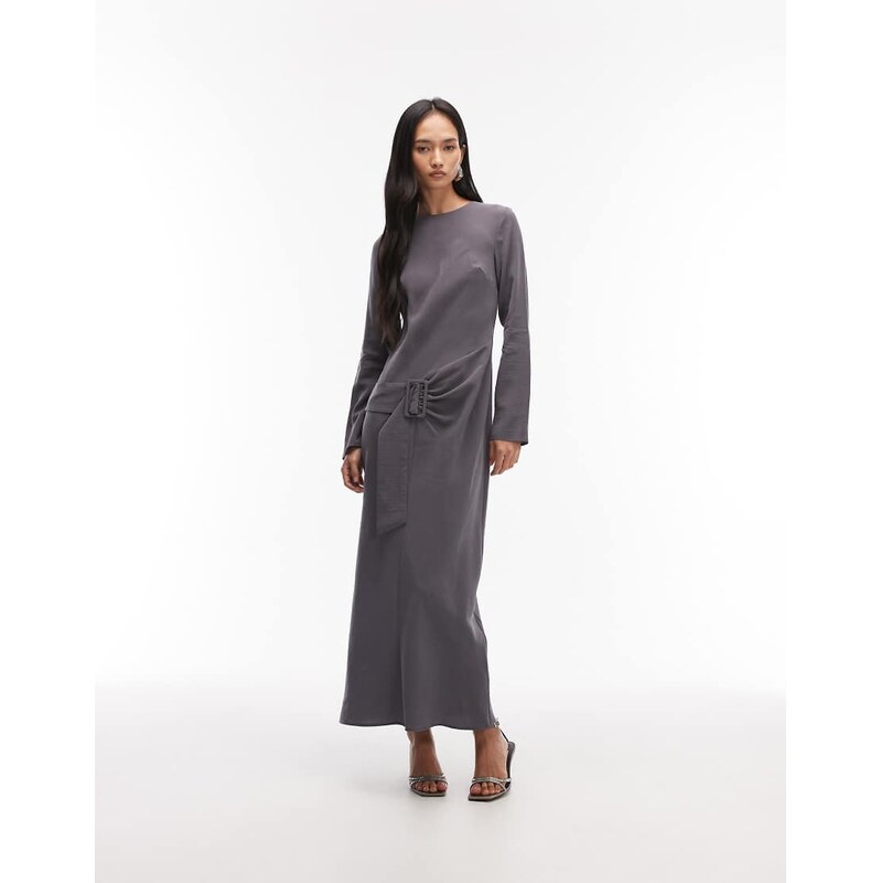 ASOS DESIGN slash neck drop waist belted maxi dress in charcoal