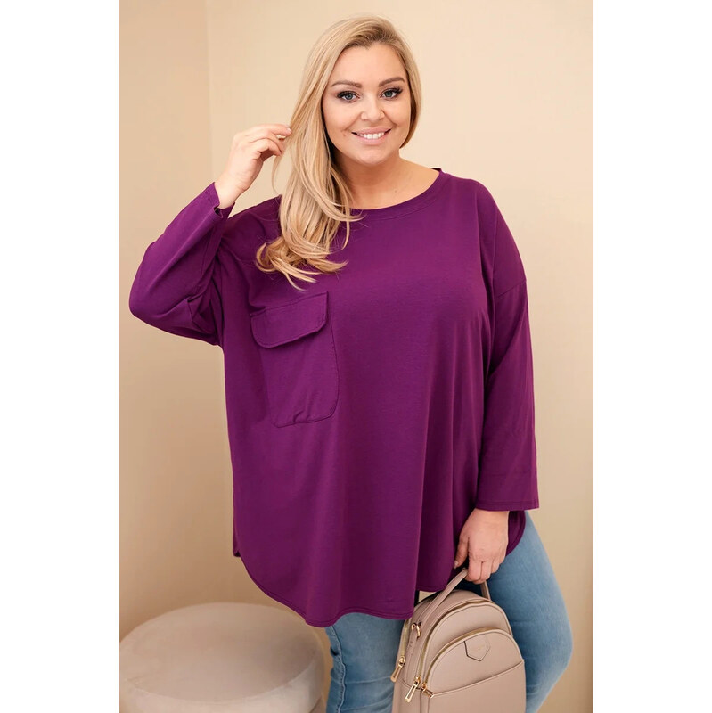 K-Fashion Dámská blůza Plus Size s bavlnou, s kapsou a ohrnutým