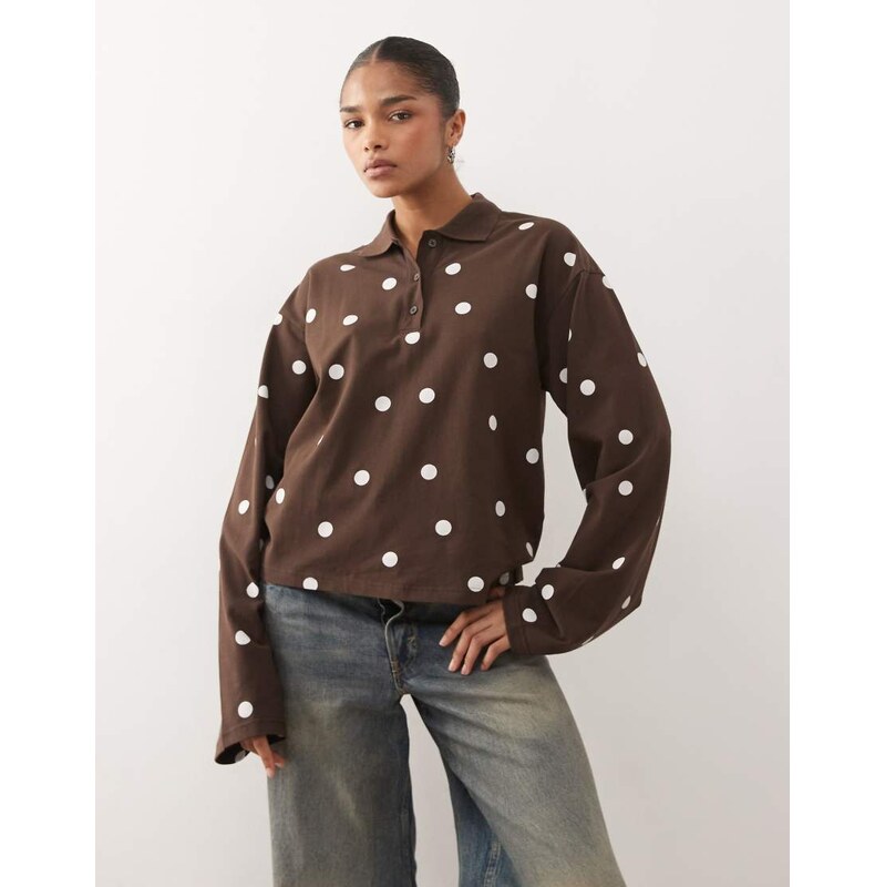 Monki long sleeve oversized rugby polo in chocolate brown and