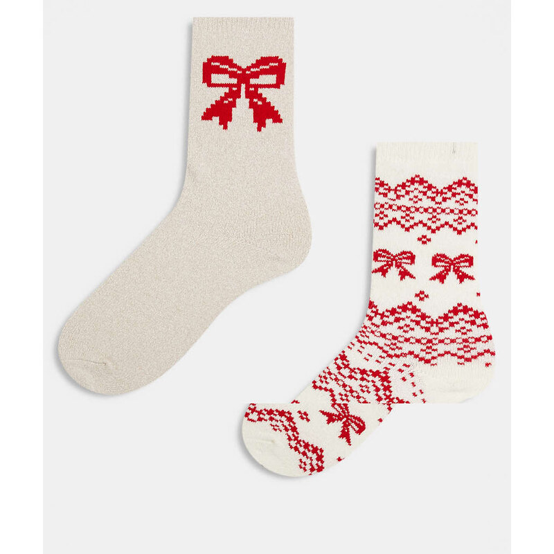 Lindex 2 pack heart and fairisle print cosy socks in cream-White 112352661