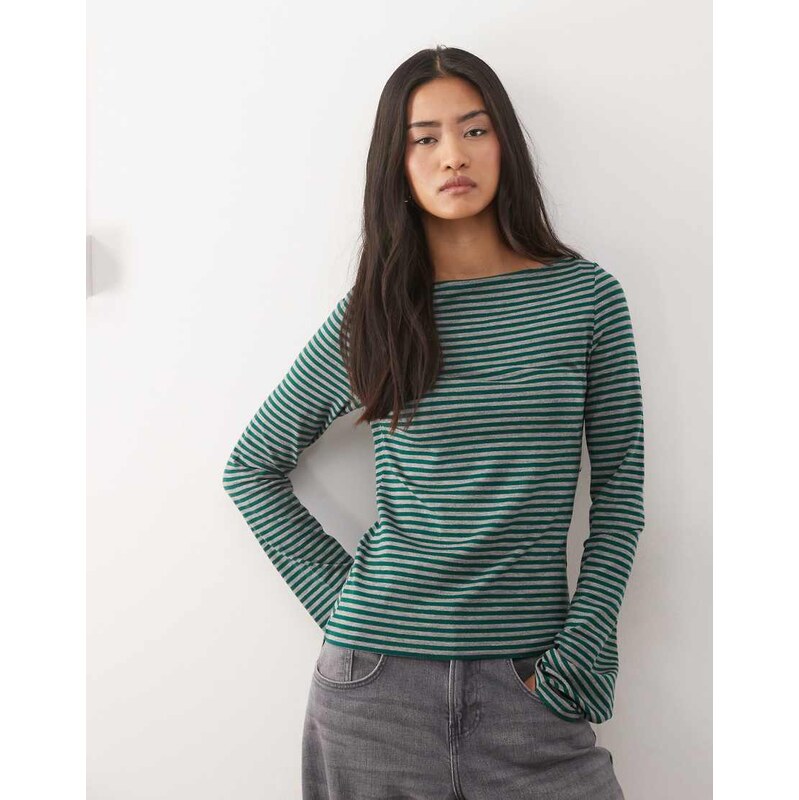 Weekday Annie soft boat neck long sleeve top in dark green and grey 115519143