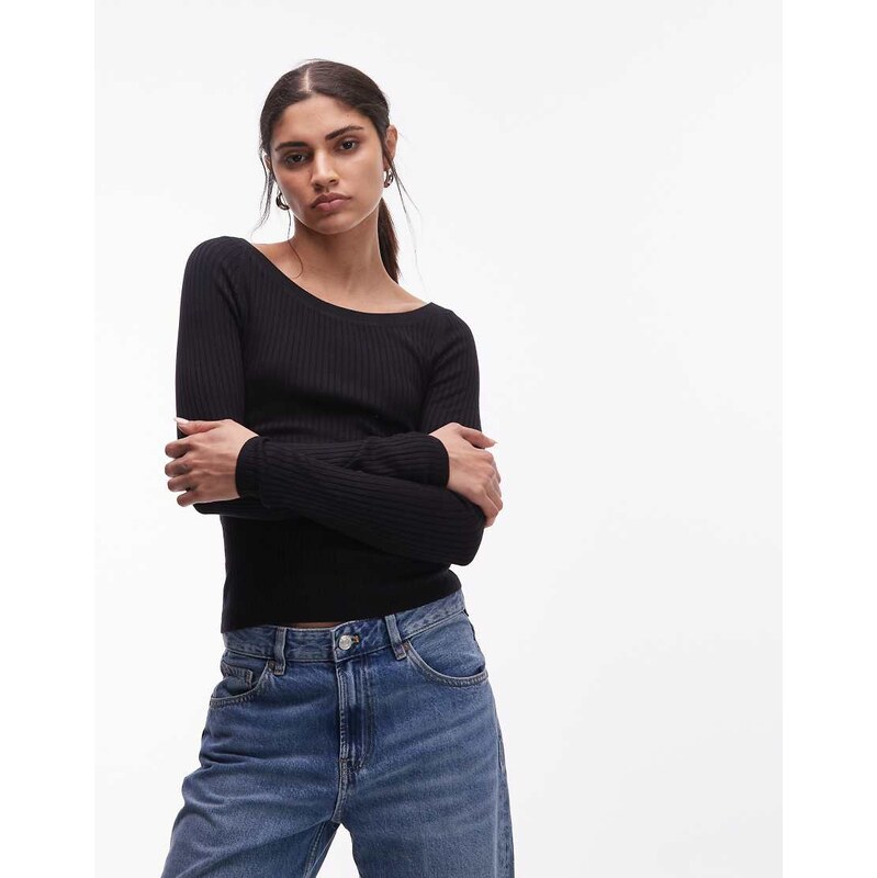 & Other Stories long sleeve knit top with scoop neck in black