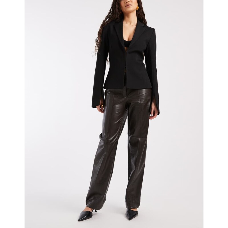 Vero Moda stretch faux leather straight leg trouser in chocolate