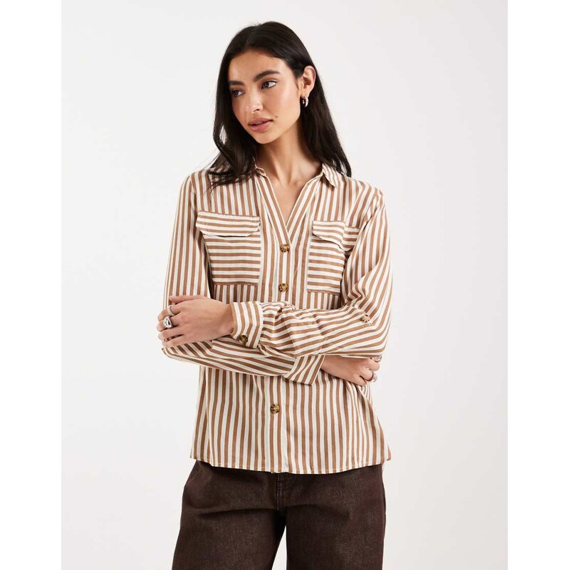 Vero Moda pocket front shirt in tan and cream stripe-White