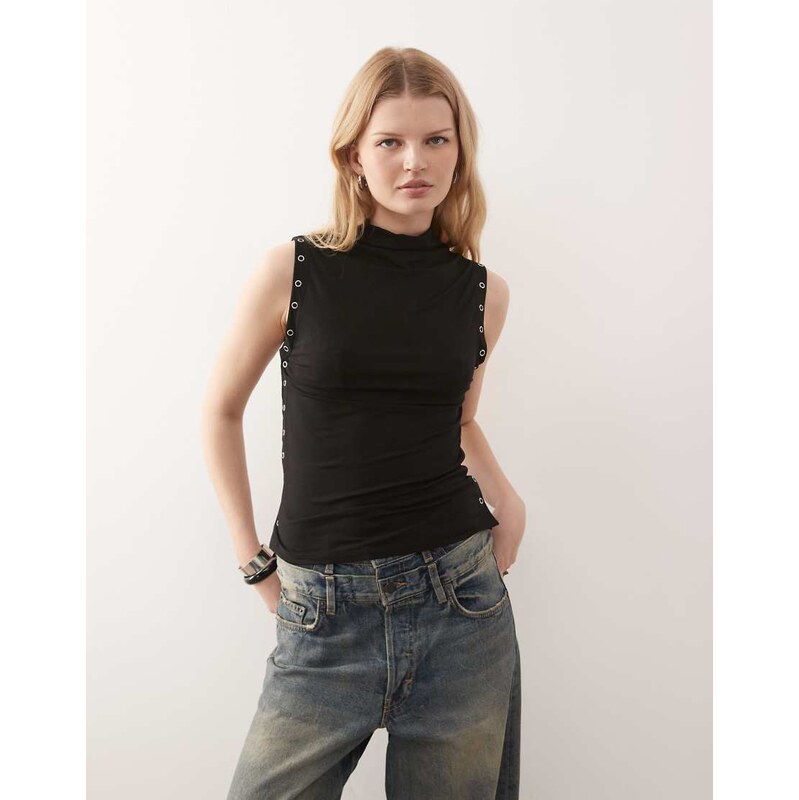 Weekday mock neck sleeveless top with side button detailing in black 115414985