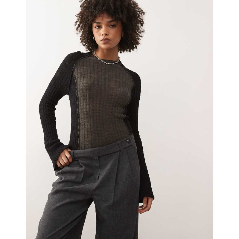 Weekday semi sheer knitted long sleeve top in black & grey