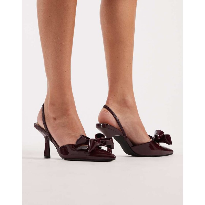 SEQWL Salado sling back block heeled shoe with bow detail in berry 115528984