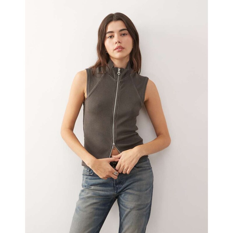 Weekday mock neck zip through sleeveless top in dark grey wash 112367416