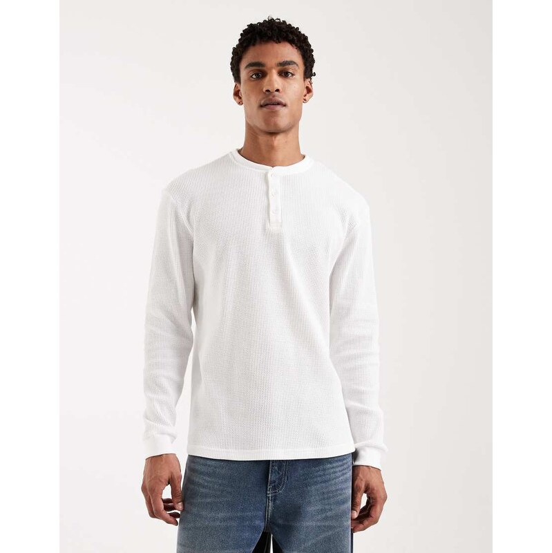 ONLY & SONS long sleeve henley t-shirt in white waffle