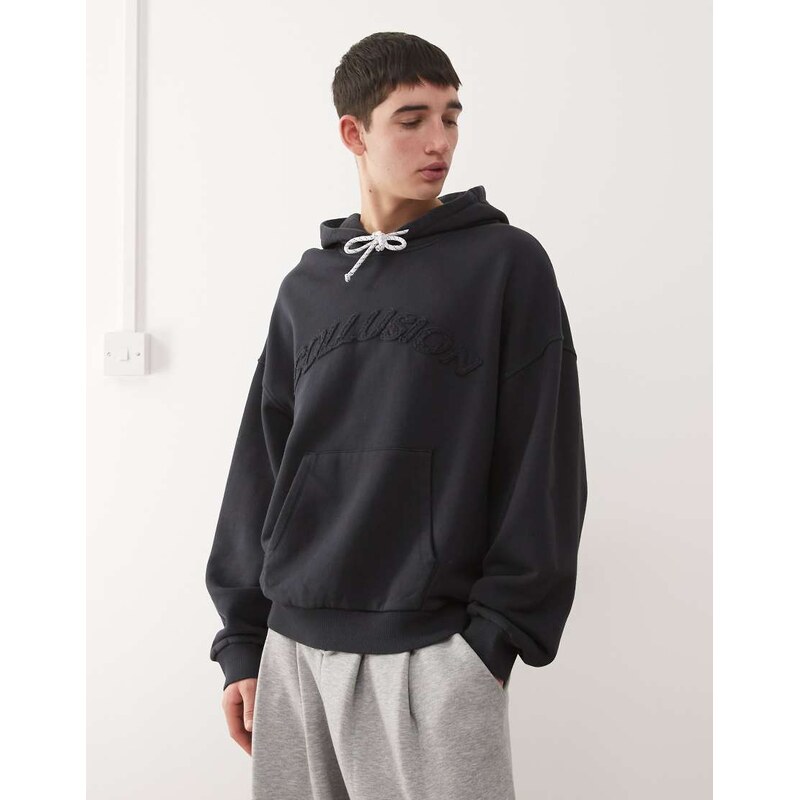 COLLUSION Boxy hoodie with drawcord and applique logo-Black