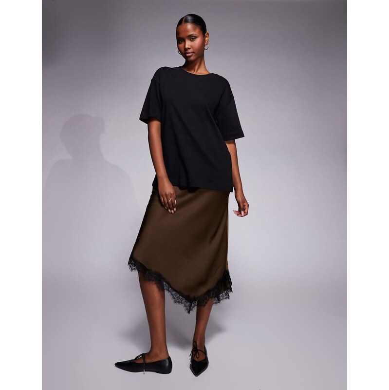 River Island satin maxi skirt with lace detail in brown 112358509