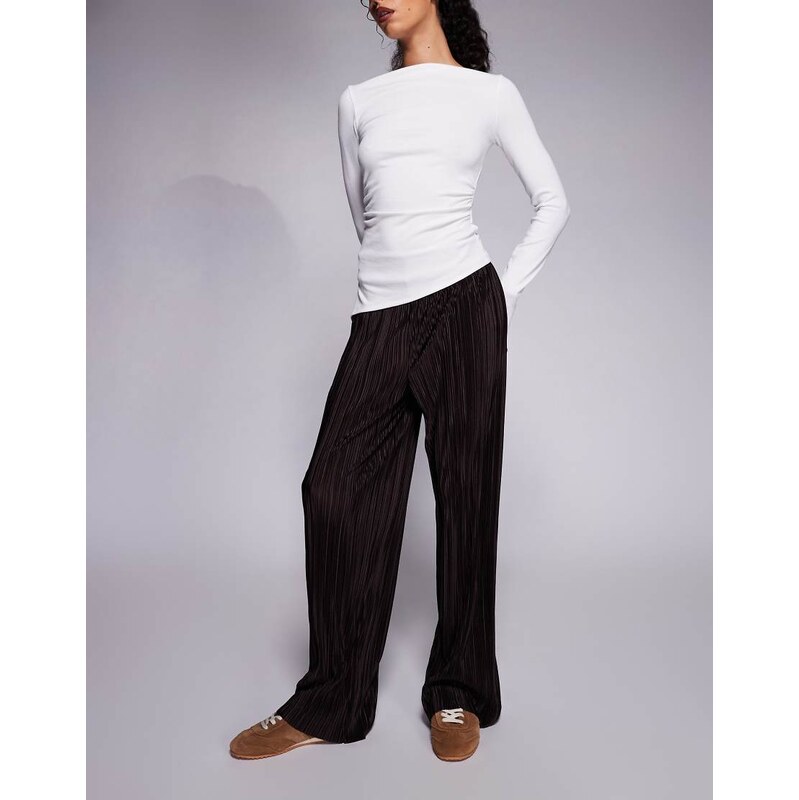 River Island wide leg plisse trousers in dark brown