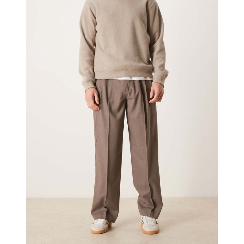 ASOS DESIGN smart flannel wide leg trousers in brown with triple
