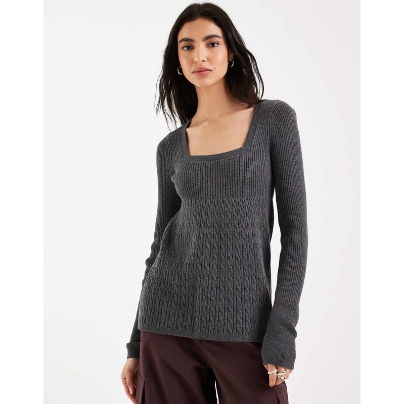 Hollister long sleeve cable knit babydoll top in grey 112358558