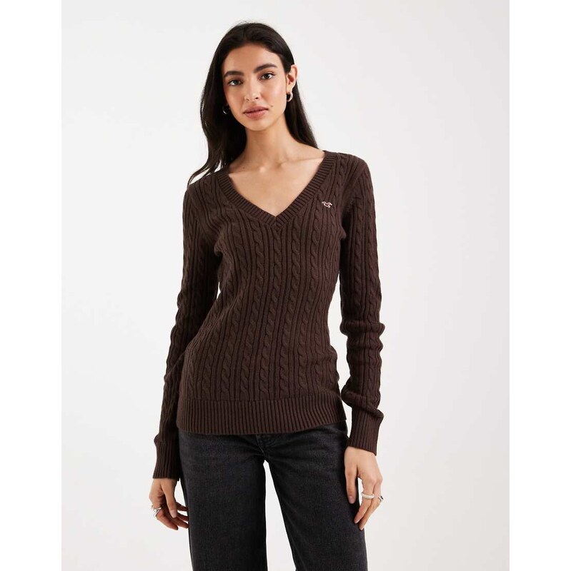 Hollister logo v neck cable knit jumper in brown 112358565