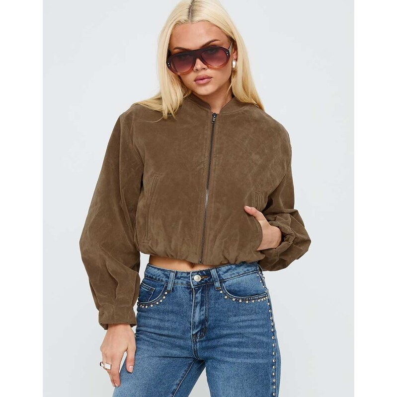 Princess Polly Mastery faux suede balloon sleeve cropped bomber