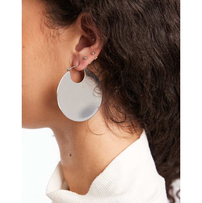 ASOS DESIGN hoop earrings with disc detail in silver tone