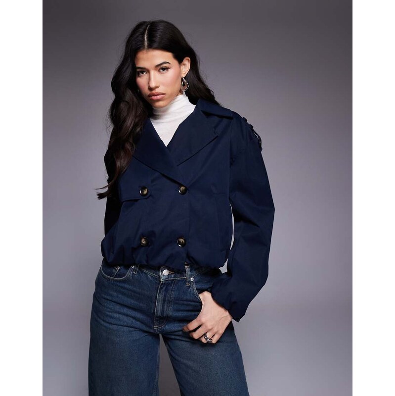 River Island cropped bubble hem trench coat in navy 112846766